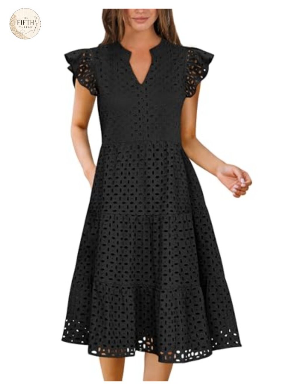 Women's Midi Eyelet Tiered Dress V-Neck Ruffle Sleeve Casual Flowy Rayon Beach